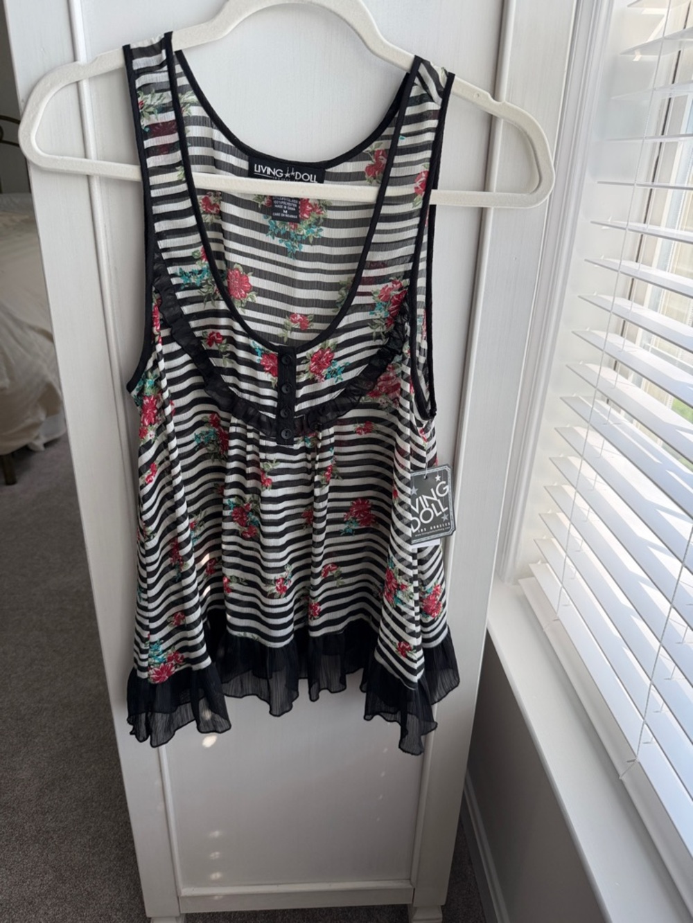 Living doll Black & White Striped Floral Tank with Ruffle Hem